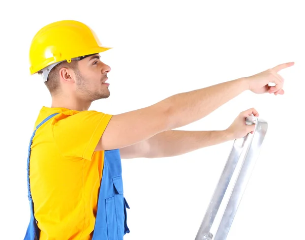 Constructor masculino en casco amarillo aislado en blanco — Foto de Stock