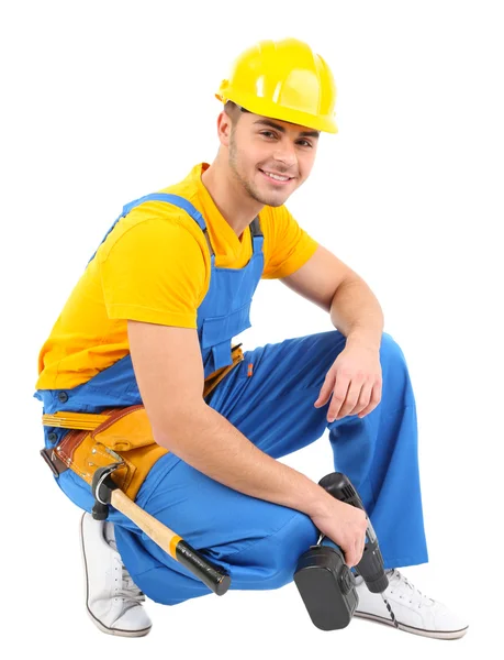 Construtor masculino em capacete amarelo isolado em branco — Fotografia de Stock