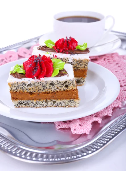 Tasty cakes on plate on tray close-up — Stock Photo, Image