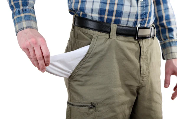 Man showing his empty pocket isolated on white — Stock Photo, Image