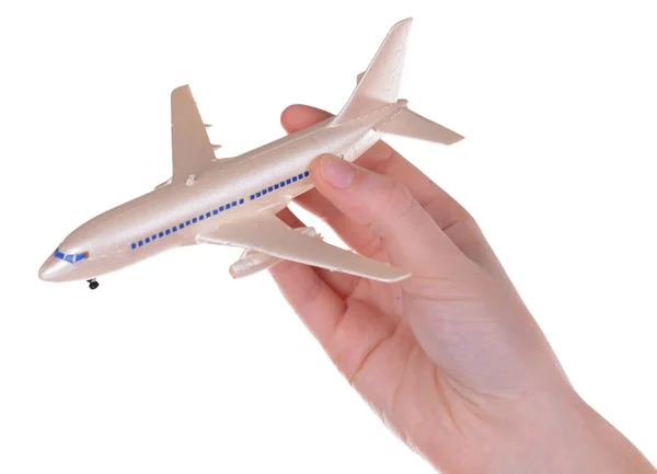 Avión de juguete en mano aislado en blanco — Foto de Stock