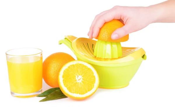 Preparing fresh orange juice squeezed with hand juicer isolated on white — Stock Photo, Image