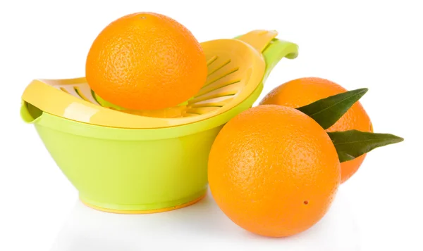 Citrus press and oranges isolated on white — Stock Photo, Image