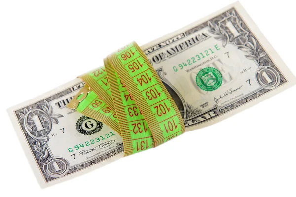 Tape measure with money isolated on white — Stock Photo, Image