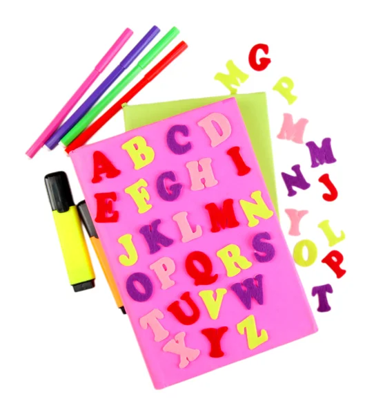 English alphabet, books and markers, isolated on white — Stock Photo, Image