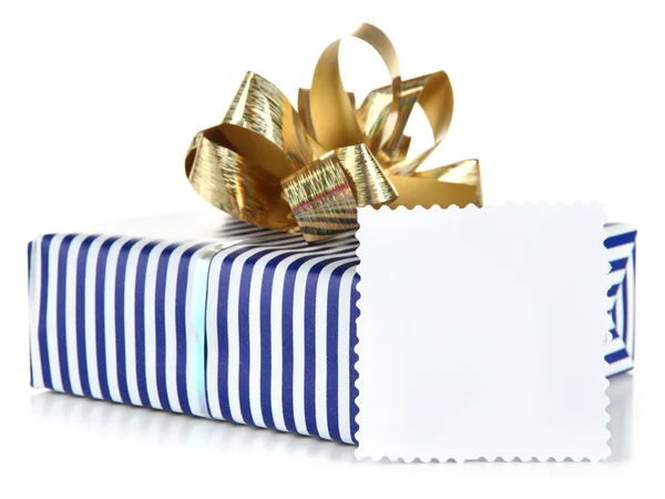 Gift box with blank label isolated on white — Stock Photo, Image