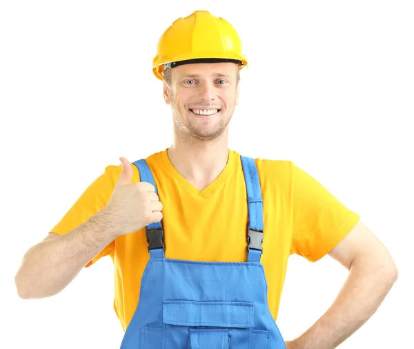 Retrato de jovem construtor isolado em branco — Fotografia de Stock