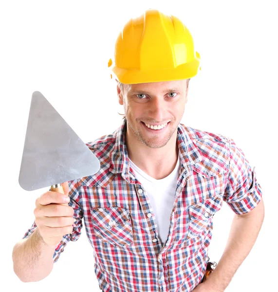 Retrato de jovem construtor isolado em branco — Fotografia de Stock