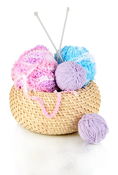 Colorful yarn for knitting in basket isolated on white — Stock Photo, Image
