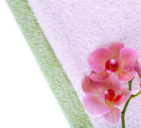 Orchideebloem en handdoeken, geïsoleerd op wit — Stockfoto