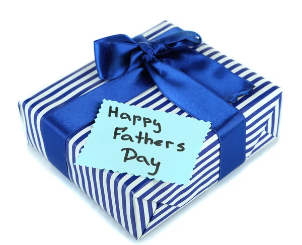 Happy Fathers Day tag with gift box, isolated on white — Stock Photo, Image