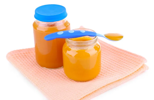 Jars of various baby food, isolated on white — Stock Photo, Image