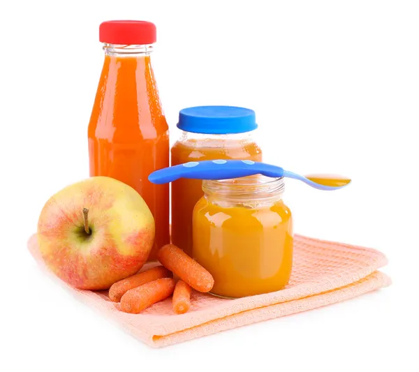 Baby food with carrot and apple in glass jars, isolated on white — Stock Photo, Image