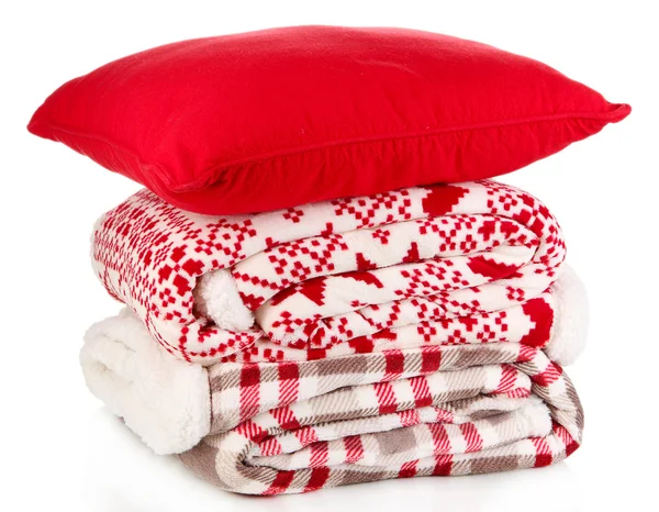 Pile warm plaids and pillow isolated on white — Stock Photo, Image