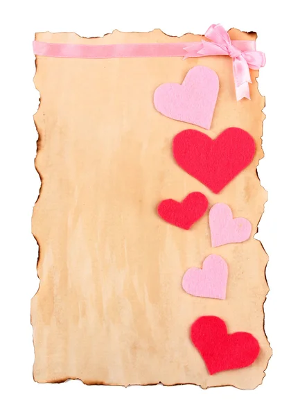 Beautiful sheet of paper with decorative hearts, isolated on white — Stock Photo, Image