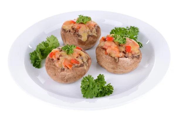 Stuffed mushrooms on plate isolated on white — Stock Photo, Image