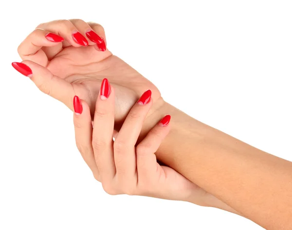 Beautiful female hands with red nails isolated on white — Stock Photo, Image