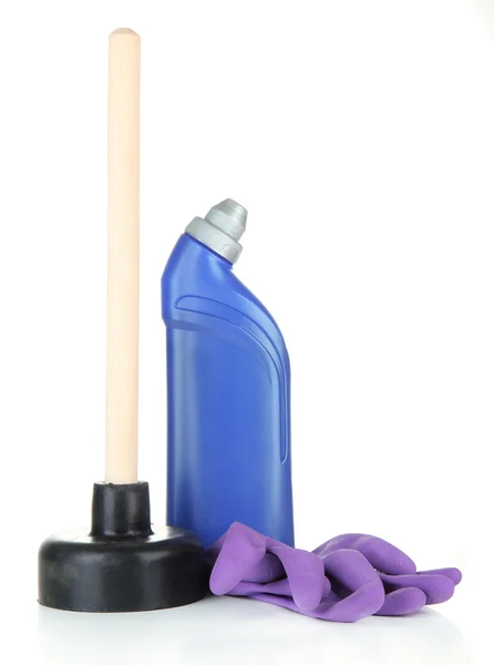 Toilet plunger, gloves and cleaner bottle, isolated on white — Stock Photo, Image