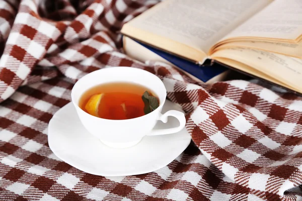 Taza de té con jengibre sobre cuadros con un libro — Foto de Stock