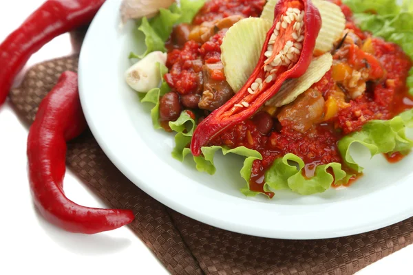 Chili Corn Carne - traditional mexican food, on white plate, on napkin, isolated on white — Stock Photo, Image