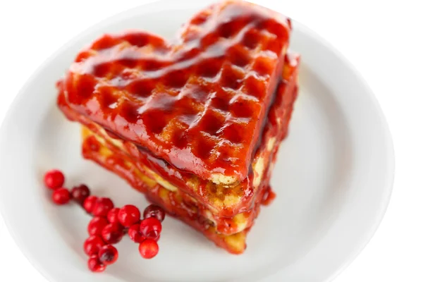 Sweet Belgium waffles with jam, isolated on white — Stock Photo, Image