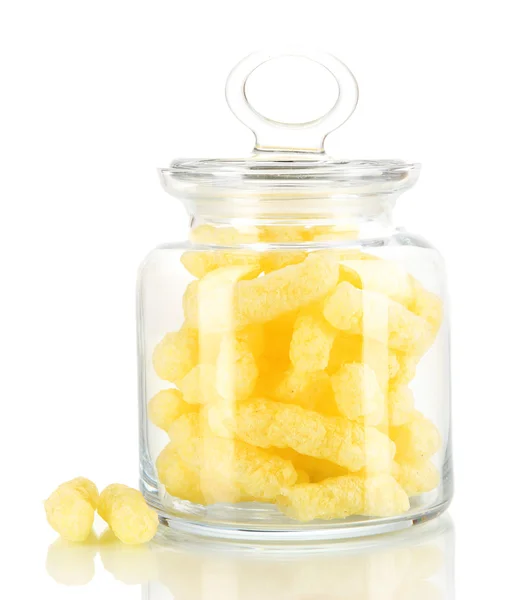 Air corn sticks in glass bank isolated on white — Stock Photo, Image