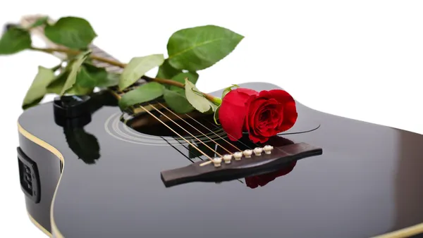 アコースティック ギターと白で隔離赤いバラの花 — ストック写真