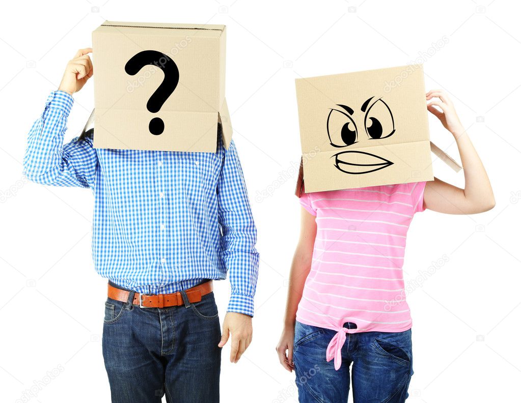 Couple with cardboard boxes on their heads isolated on white