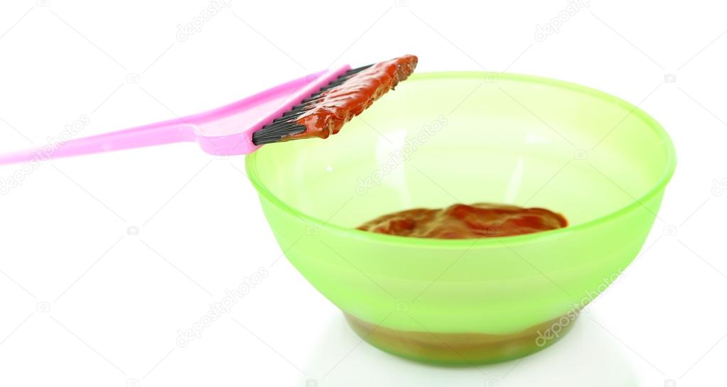 Bowl with hair dye and brush for hair coloring, isolated on white ... Bowl with hair dye and brush for hair coloring, isolated on white ...
