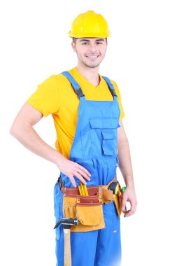 erkek üzerinde beyaz izole sarı kask oluşturucu