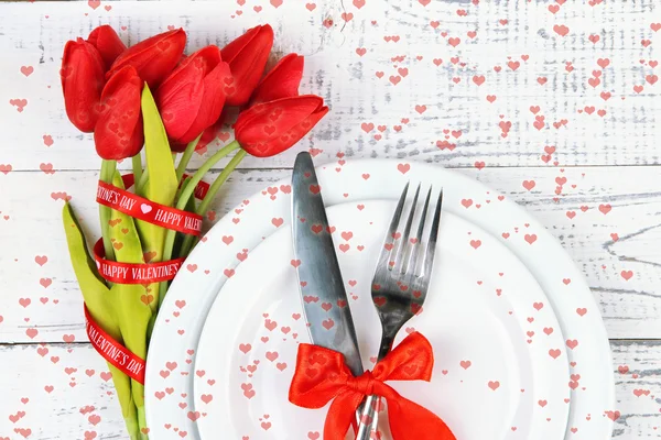 Romantic holiday table setting, on wooden background — Stock Photo, Image