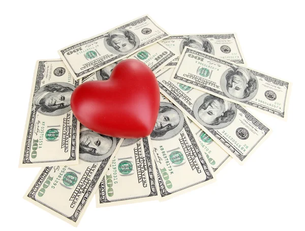 Concetto di amore e denaro. Cuore e valuta americana isolati su bianco — Foto Stock