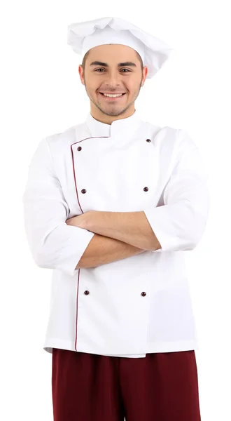 Professional chef in white uniform and hat, isolated on white — Stock Photo, Image