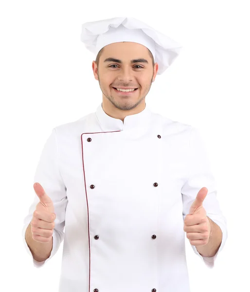 Professional chef in white uniform and hat, isolated on white — Stock Photo, Image