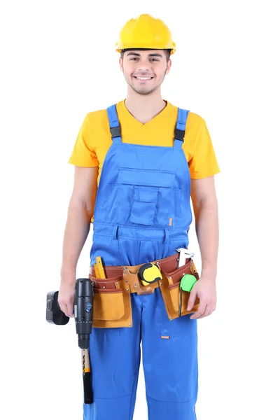 Мужчина-строитель в желтом шлеме изолирован на белом — стоковое фото