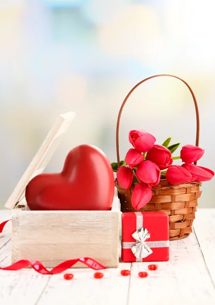 Romantic still life with heart in wooden casket — Stock Photo, Image