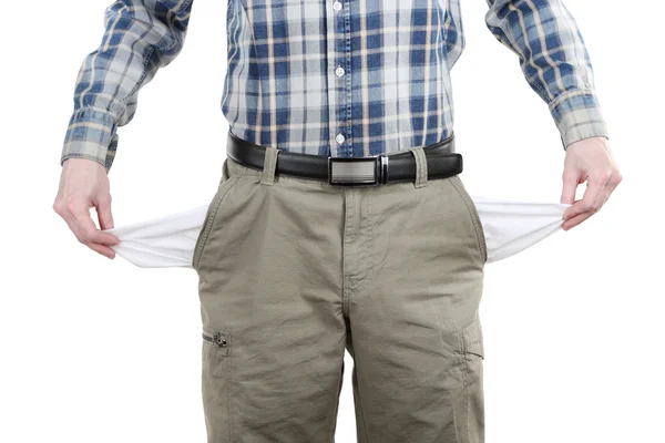 Άνθρωπος που δείχνει τις άδειες τσέπες που απομονώνονται σε λευκό — Φωτογραφία Αρχείου