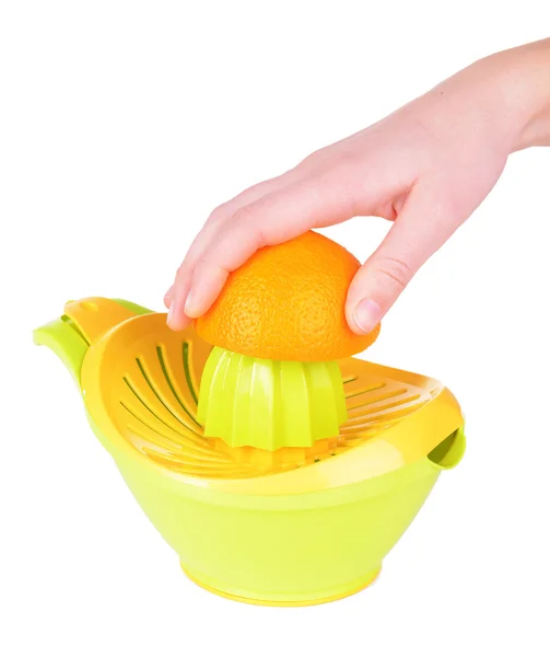 Preparing fresh orange juice squeezed with hand juicer isolated on white — Stock Photo, Image