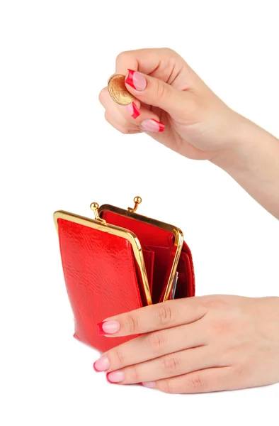 白で隔離され、赤の財布を持っている女性手 — ストック写真