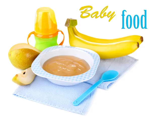 Bebê saboroso purê de frutas e mamadeira isolada em branco — Fotografia de Stock