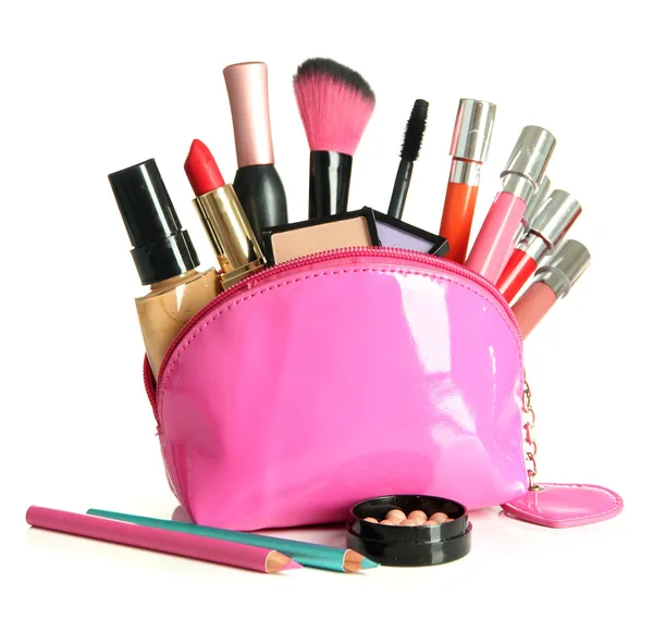 Bolsa de maquiagem bonita com cosméticos, isolada em branco — Fotografia de Stock