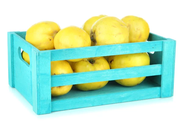 Sweet quinces in wooden box isolated on white — Stock Photo, Image