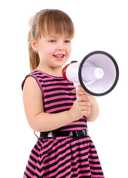 Hermosa niña sosteniendo megáfono aislado en blanco —  Fotos de Stock