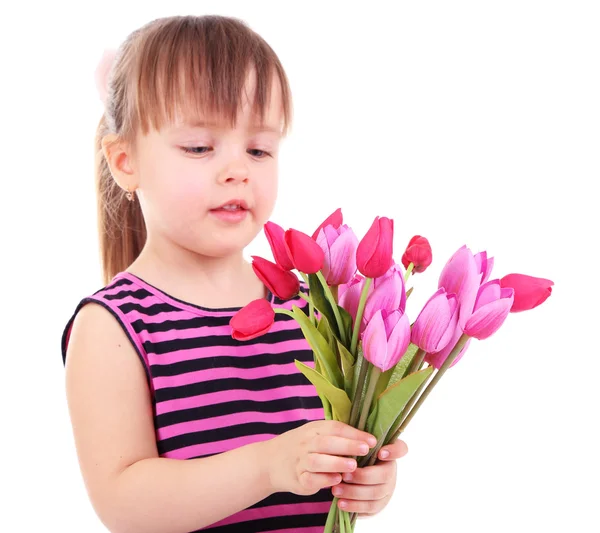 白で隔離される花束を保持している美しい小さな女の子 — ストック写真