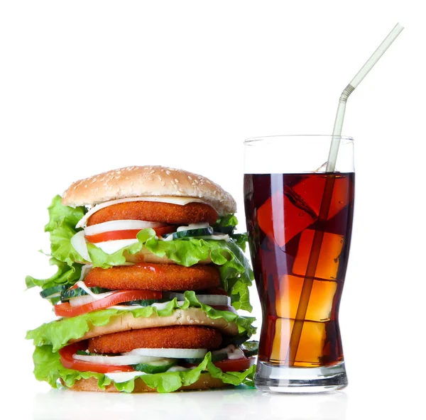 Huge burger and glass of cold drink, isolated on white — Stock Photo, Image