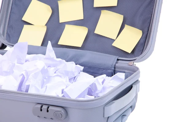 Nyissa meg a bőröndöt elszigetelt fehér papír matrica — Stock Fotó
