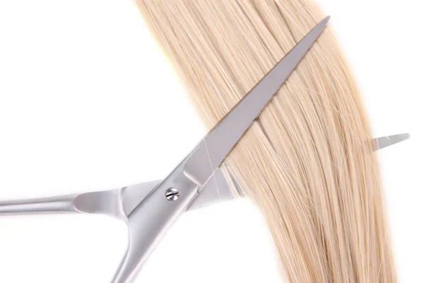 Long blond hair and scissors isolated on white — Stock Photo, Image