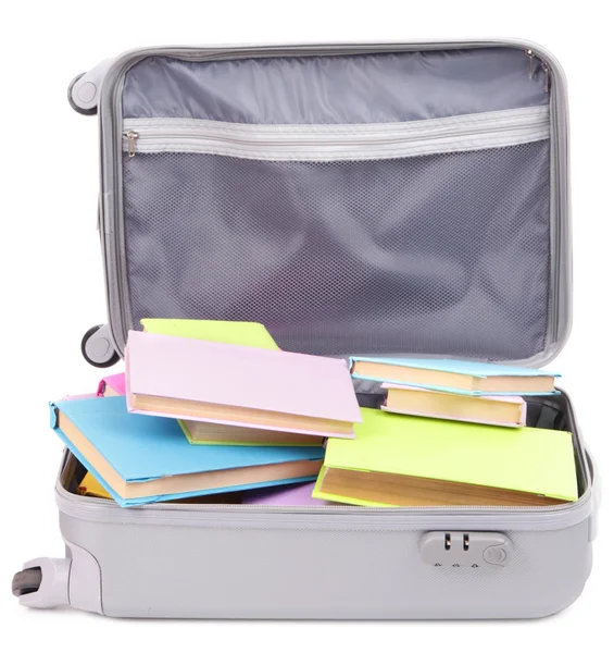 Suitcase with books isolated on white — Stock Photo, Image