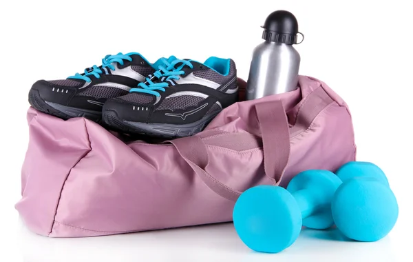 Sportovní taška s sportovní vybavení izolované na bílém — Stock fotografie