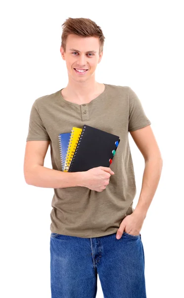 Όμορφος νεαρός άνδρας με φορητούς υπολογιστές, που απομονώνονται σε λευκό — Φωτογραφία Αρχείου